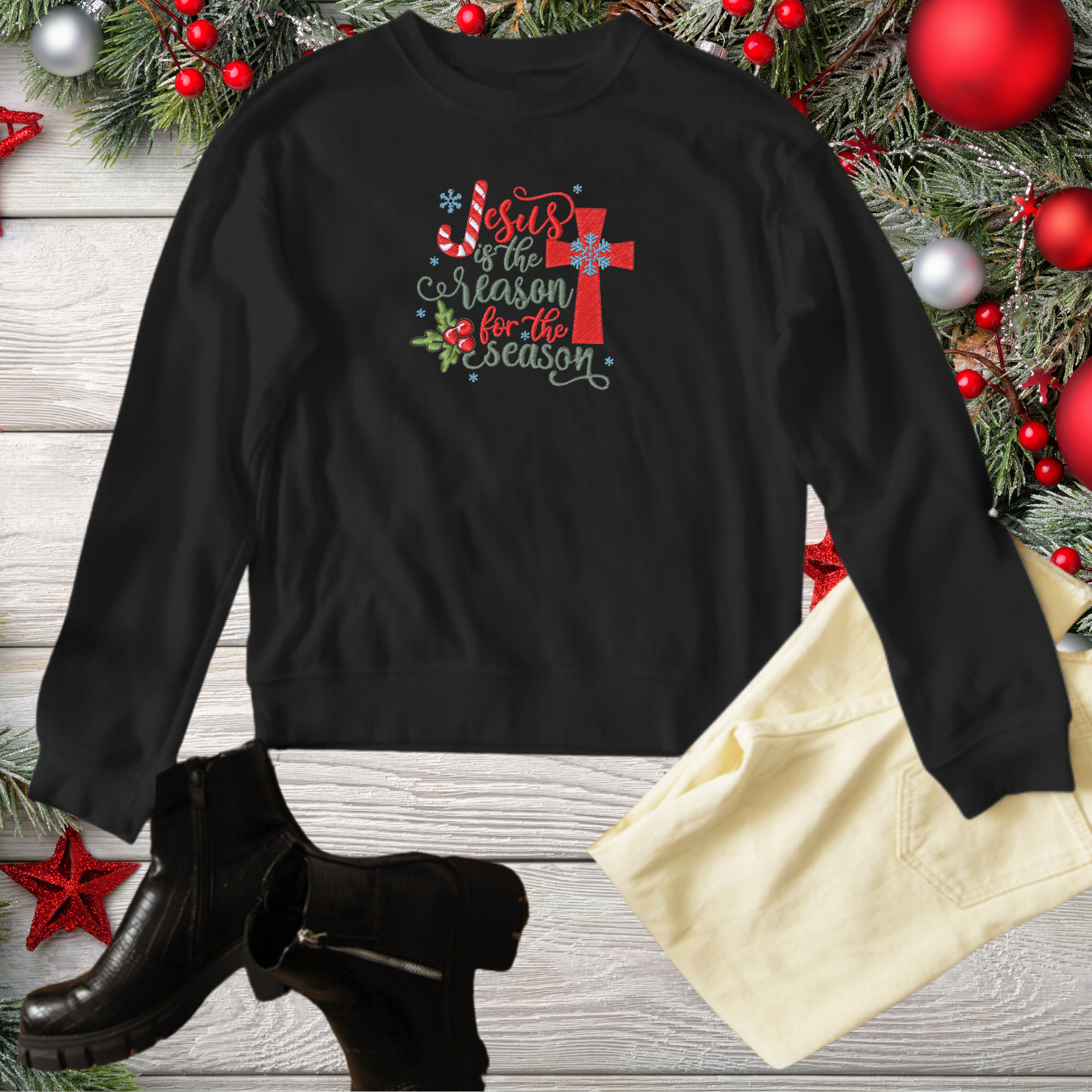 Unisex Embroidered Christmas Sweater – 'Jesus is the Reason for the Season'